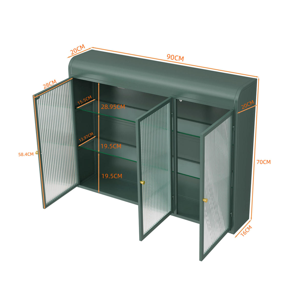 KÜCHENOBERSCHRANK 90x20x70 cm Grün aus Glas & Metall mit 3 Türen & 28kg Tragkraft - Grün, Glas (90/70/20cm) - Modfu
