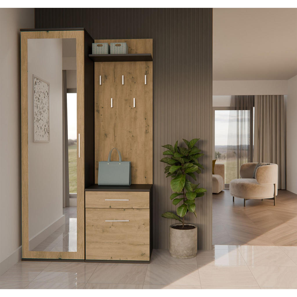 Thumbnail - Selsey Flurmöbel-Set, Eiche, Kunststoff, 2 Fächer, 1 Schubladen, Rechteckig, 100x35x180 cm, Garderobe, Garderoben-Sets &...