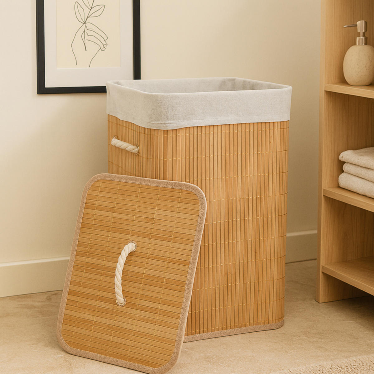 WÄSCHEKORB Bambus Stoff Naturfarben mit Deckel 40x30x60 cm - Naturfarben, Holz (40/60/30cm) - Begryf