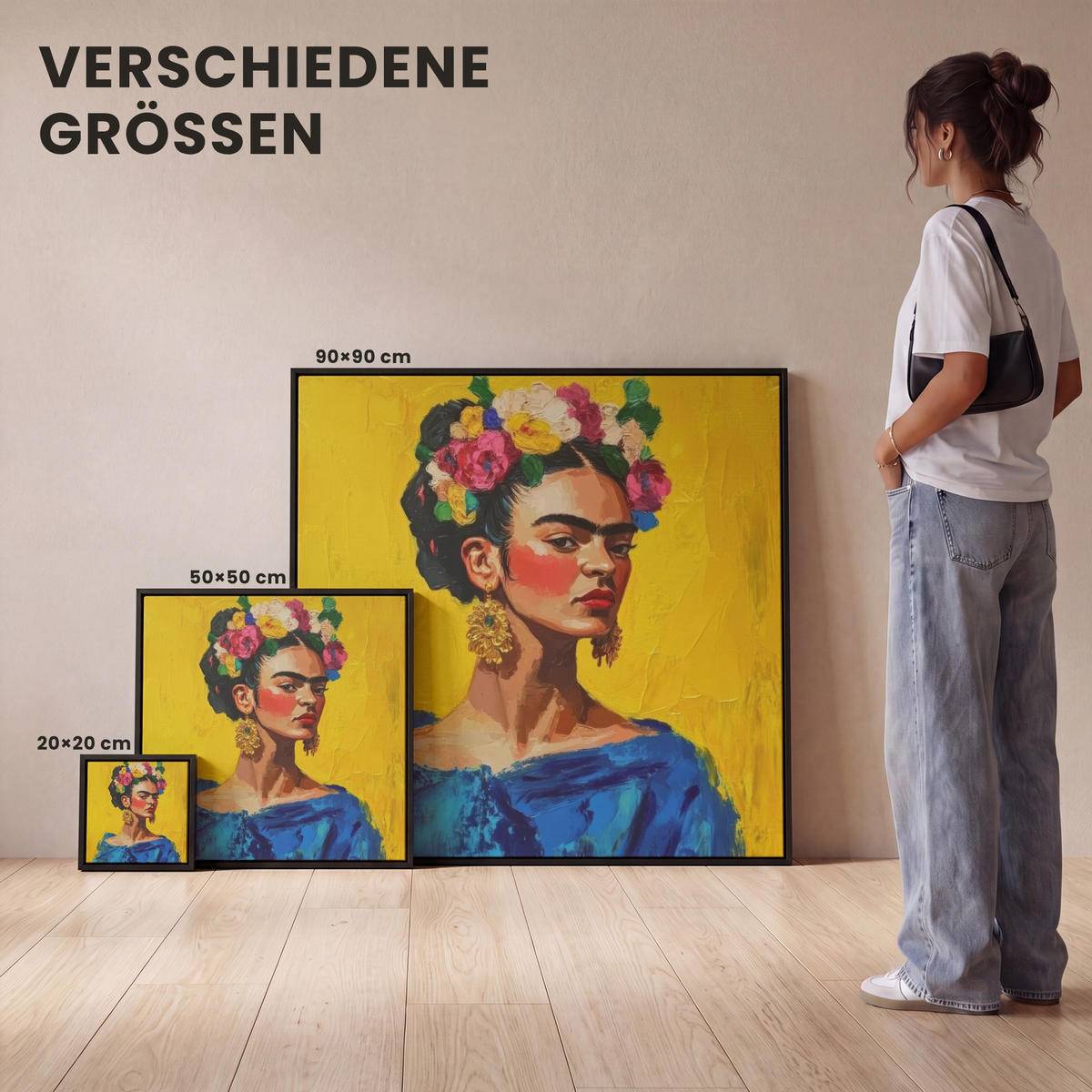 LEINWAND Bilder mit Rahmen - Frida Kahlo - Frau - Gelb - Blau - Blumen - 20x20 - Gelb, Textil (20/20cm) - MuchoWow