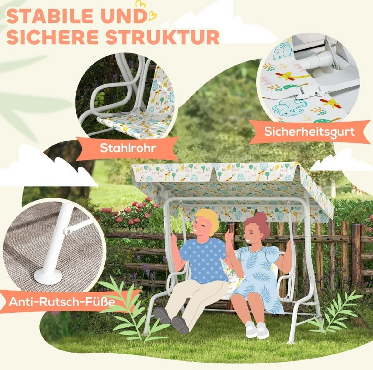 HOLLYWOODSCHAUKEL 112/75/120 cm mit verstellbarem Sonnendach und Sicherheitsgurten, Weiß - Weiß, Metall (70/120/112cm) - Redom