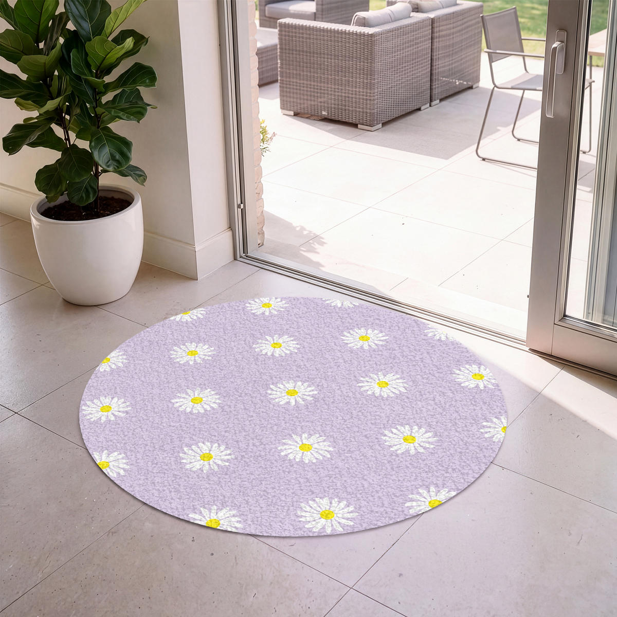 FUSSMATTE Gänseblümchen - Pastell - Weiß - Lila - Blumen Sauberlaufmatte 120x120 cm - Flieder, Kunststoff (120/120cm) - MuchoWow
