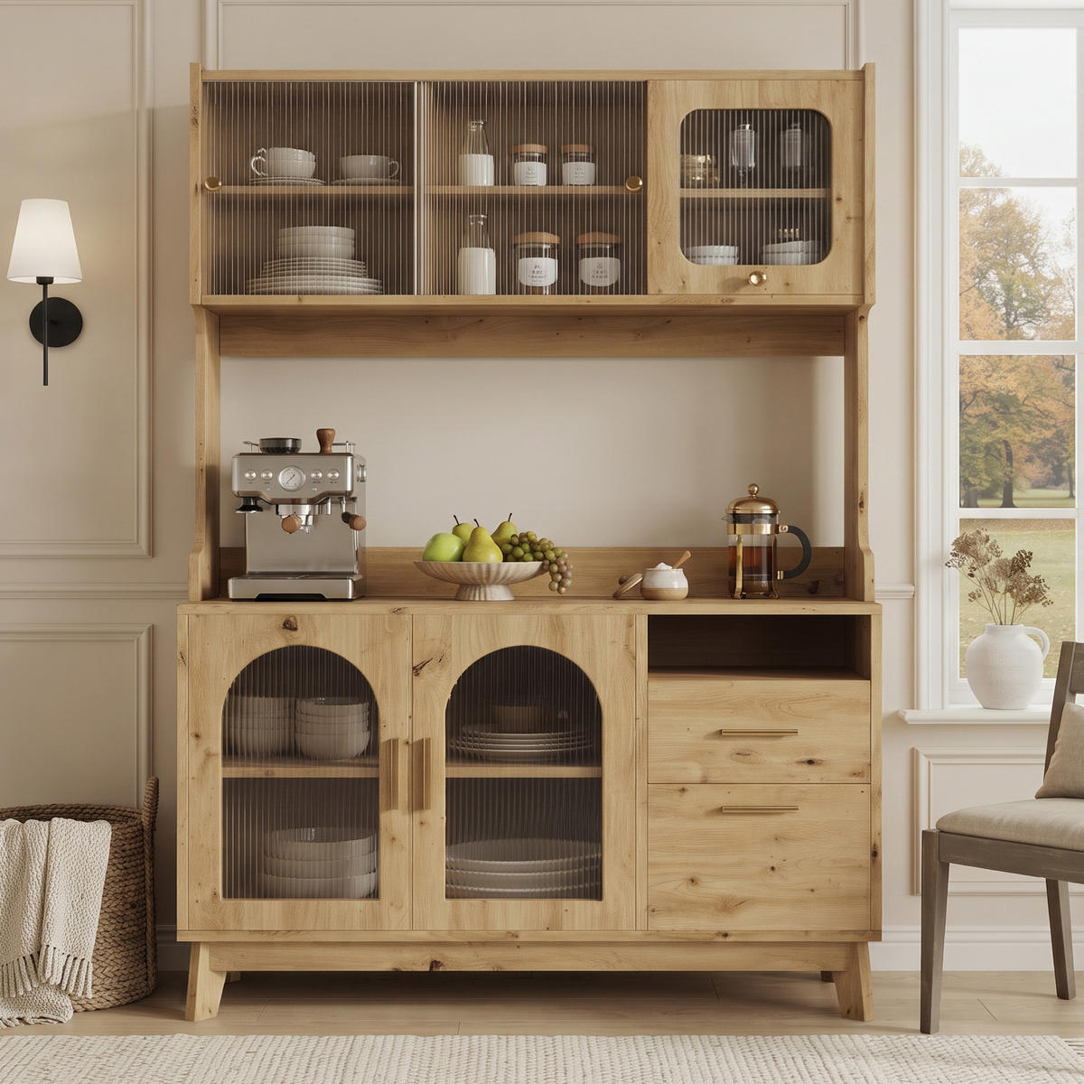 BUFFETSCHRANK 120x40x178 cm, 2 Steckdosen, USB-A/USB-C-Anschlüsse, Holzfarbe - Naturfarben, Holzwerkstoff (120/178/40cm) - FOHERE