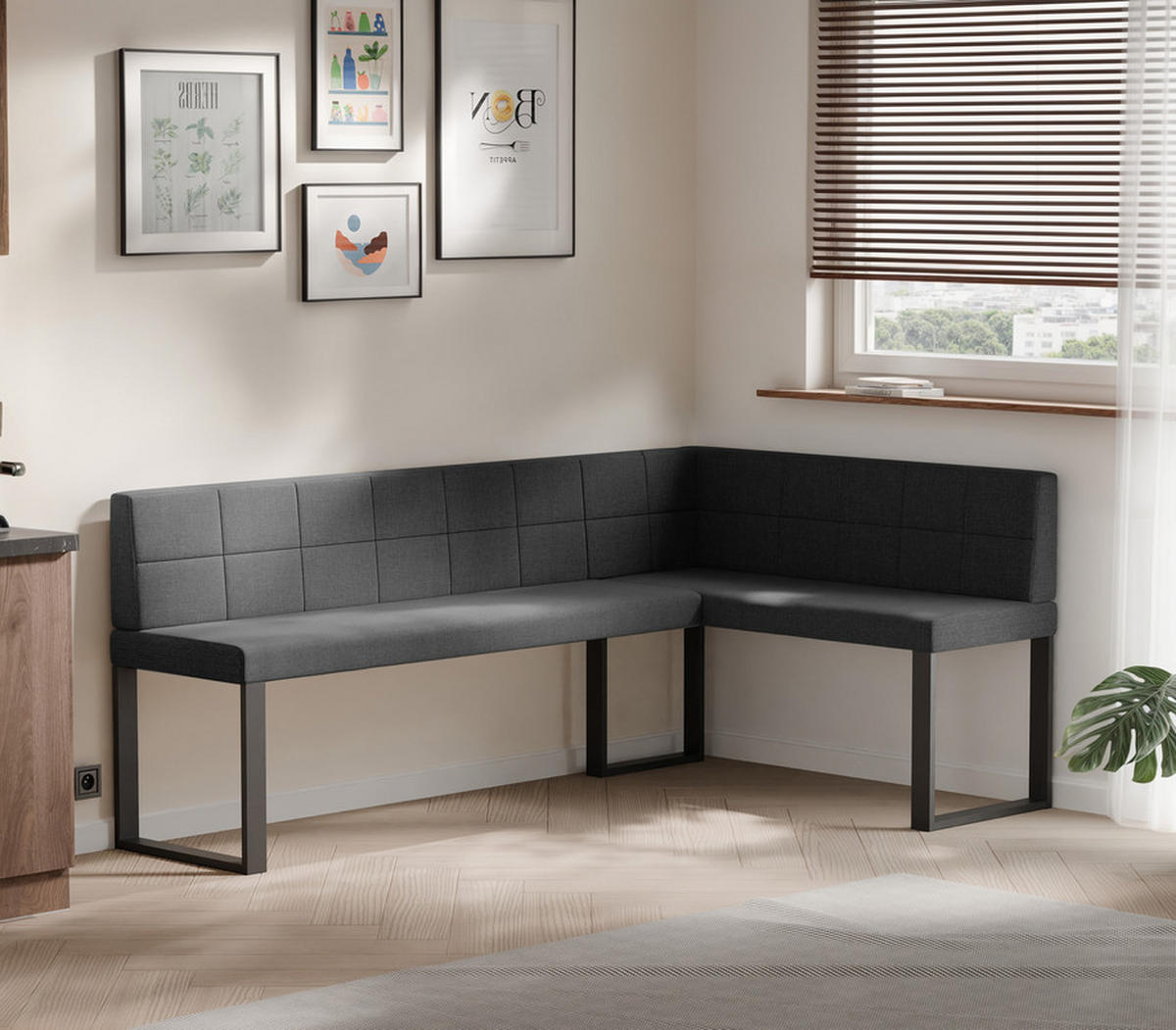 ECKBANK rechts SANA U Webstoff gesteppt, 168/128 cm Anthrazit - Anthrazit, Textil/Metall (128/168cm) - Idohome
