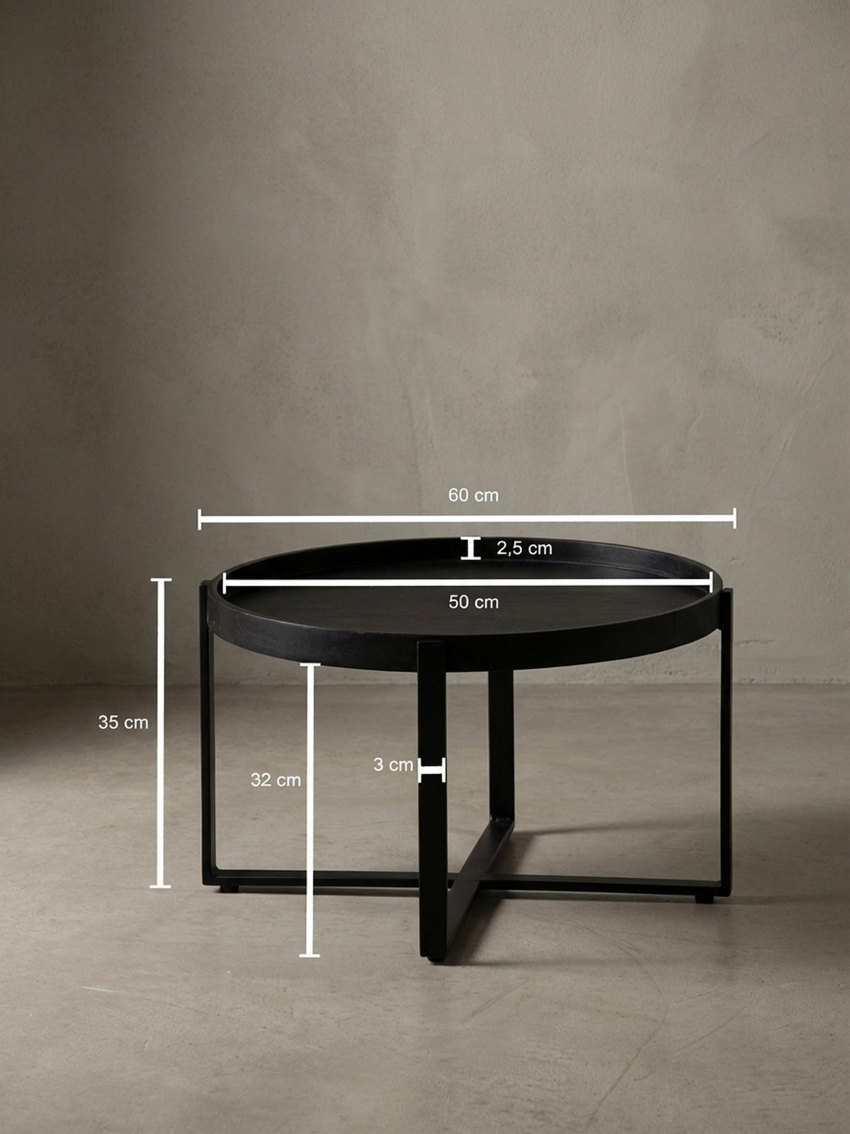 COUCHTISCH Schwarz Mango Massivholz Metall, Rund mit erhöhtem Rand, 60x60x35 cm - Schwarz, Holz/Metall (60/60/35cm) - KADIMA DESIGN