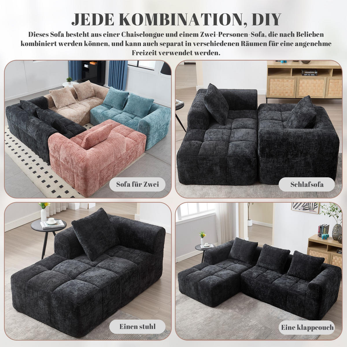 ECKSOFA-CHENILLE-SOFA mit Chaiselongue und Armlehnen, Schwarz - Schwarz, Textil (158/250cm) - KOMHTOM
