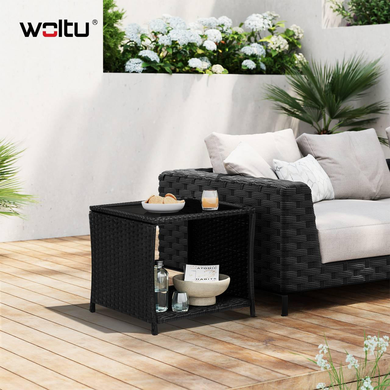 GARTENTISCH mit offenem Fach, Schwarz - Schwarz, Glas/Kunststoff (45/45/40cm) - Woltu