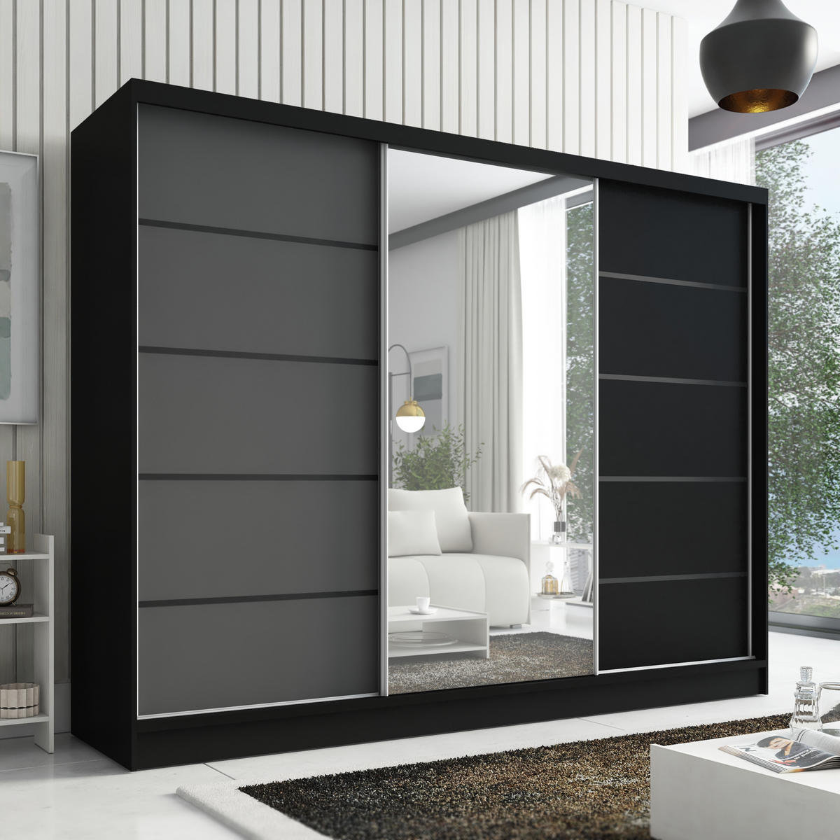 SCHWEBETÜRENSCHRANK 200 cm AURELIA 2 Farbe: Schwarz, Graphit, Schwarz - Schwarz/Graphitfarben, Holzwerkstoff (200/215/60cm) - A&J MöbelLand