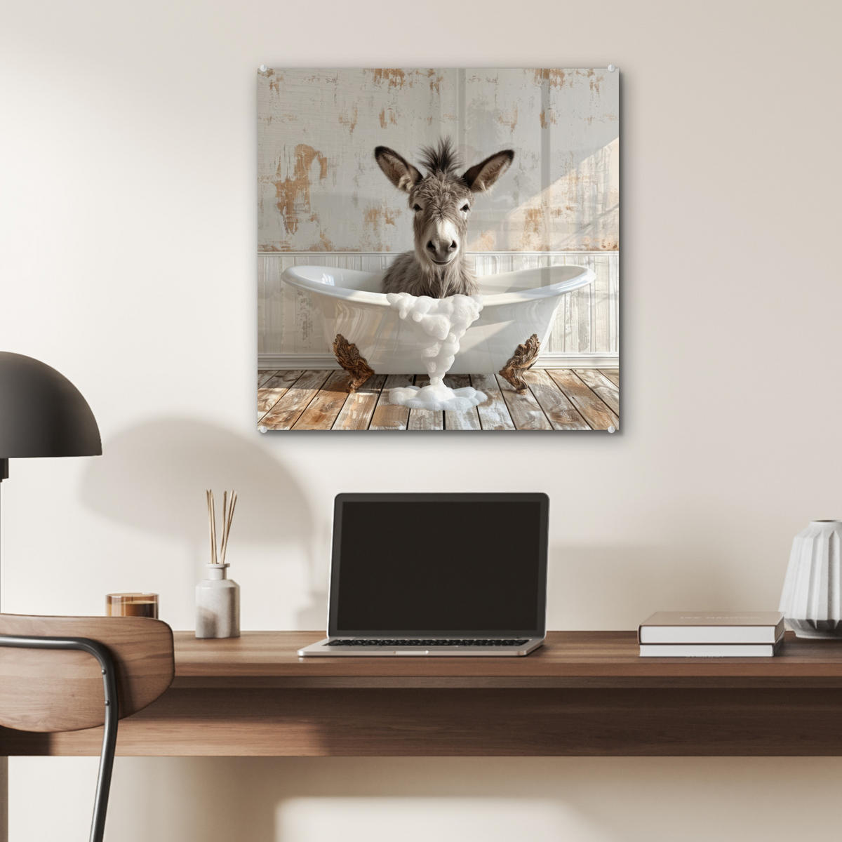 ACRYLGLASBILD Esel - Tiere - Badewanne - Schaumstoff 50x50 cm - Weiß, Glas (50/50cm) - MuchoWow