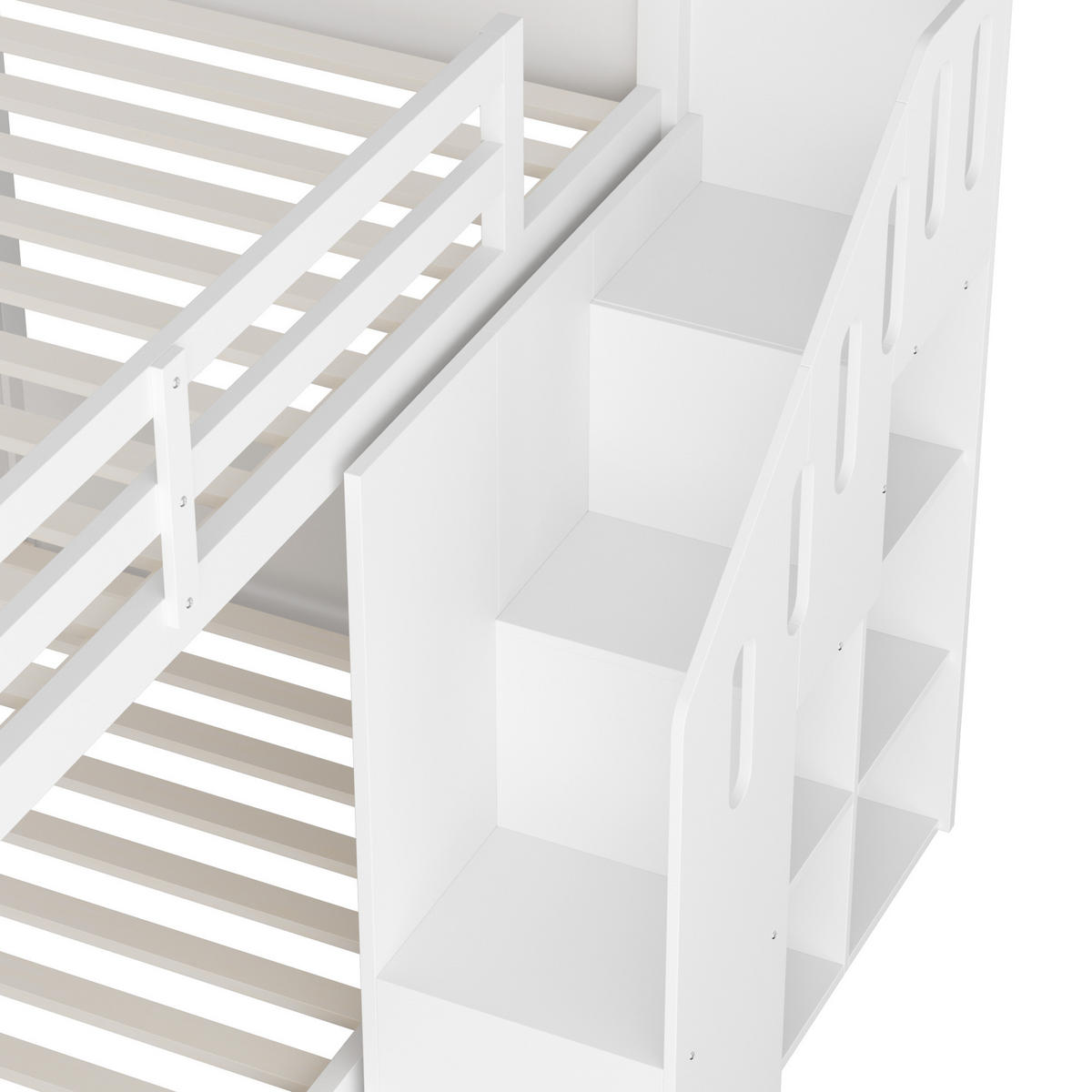 ETAGENBETT aus Massivholz 90x200 cm in Weiß mit Stauraumtreppe & Geländer - Weiß, Holz (90/200cm) - Modfu