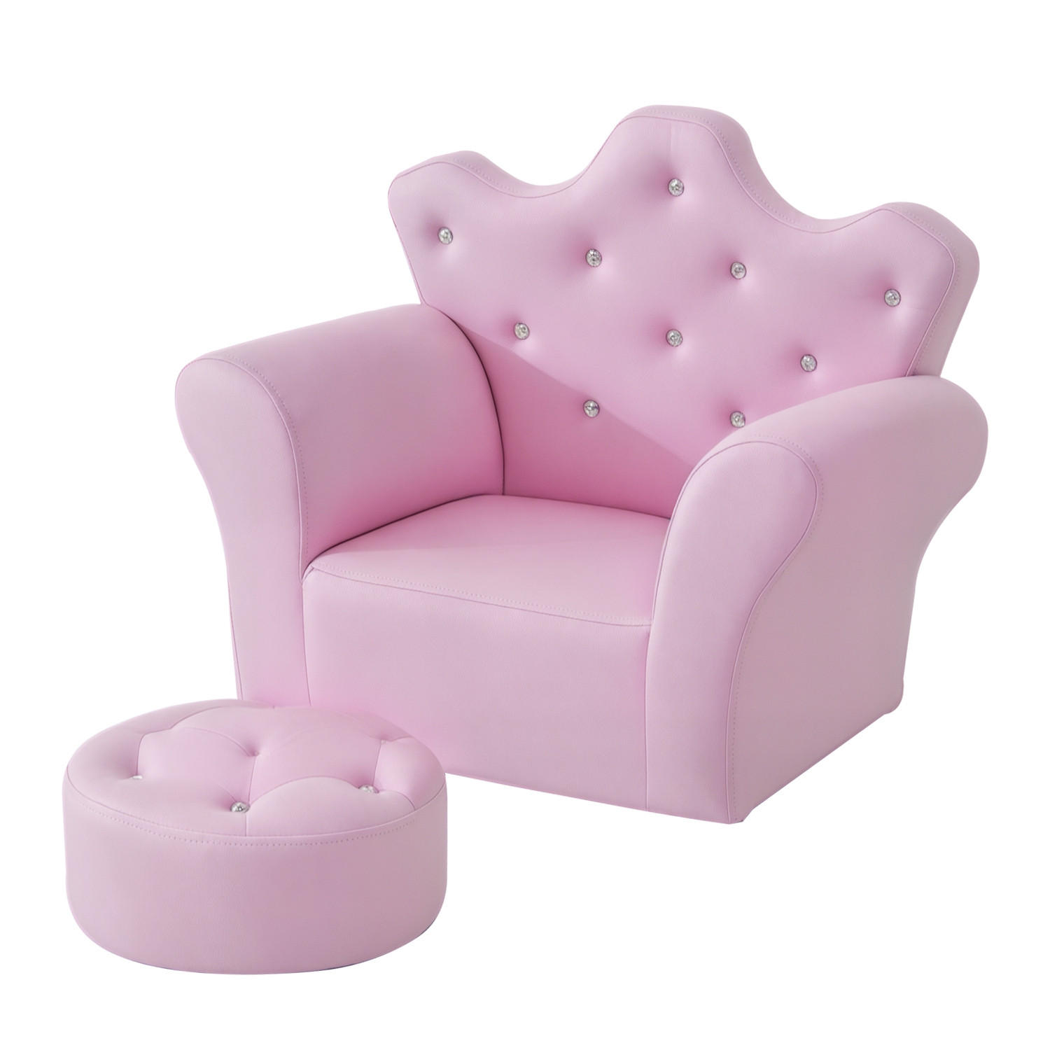 KINDERSOFA DE-10384 mit Ottomane & Kristallknöpfen Rosa - Pink, Holzwerkstoff (405/49/58cm) - ComfortXL