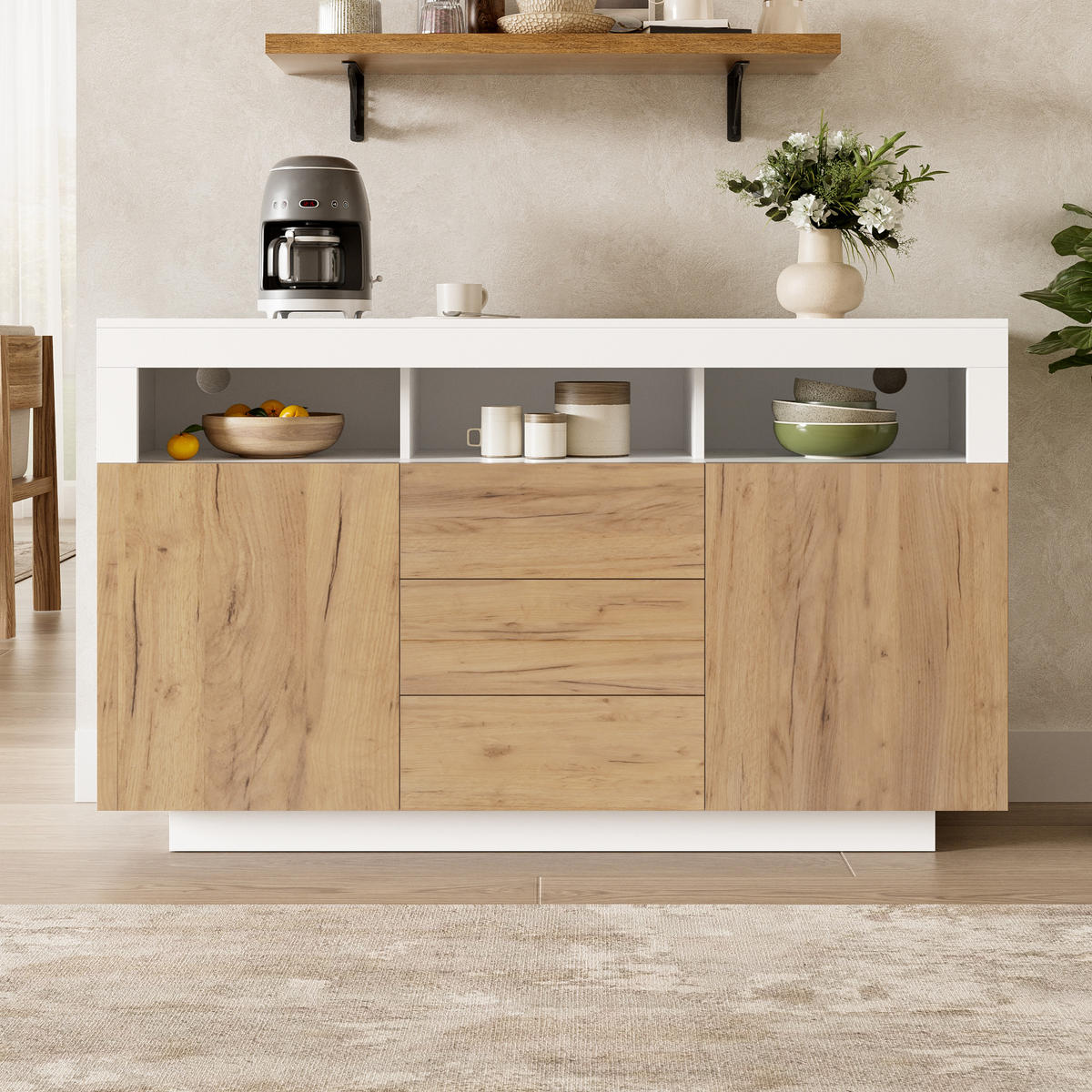 SIDEBOARD Natur Weiß 3 Schubladen 2 Türen 140x40x85cm - Multicolor, Holzwerkstoff (40/85/140cm) - FLIEKS
