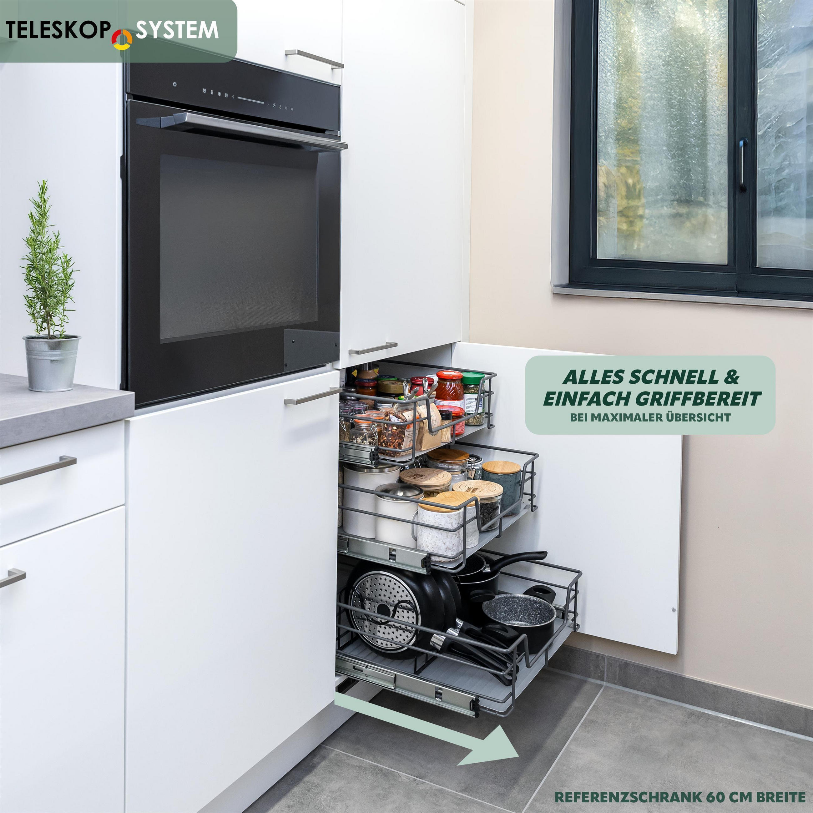 TELESKOPSCHUBLADE für 45 cm Schrank mit Einlegeboden, aus Metall, grau - Grau, Metall (42/14/44cm) - bremermann