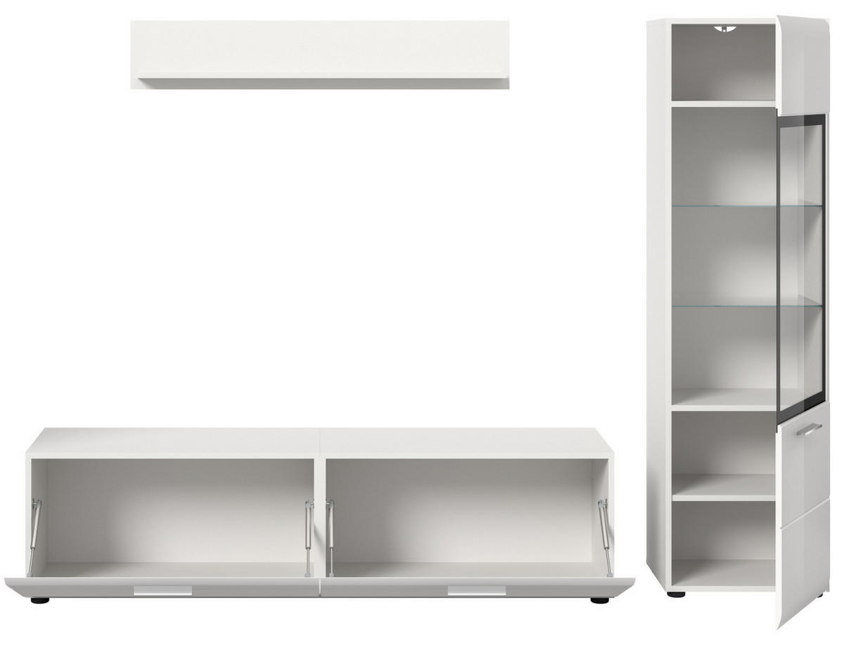 WOHNWAND weiß Hochglanz 3-teilig 220 cm, Schrankwand mit viel Stauraum - Weiß Hochglanz/Silberfarben, Glas/Holzwerkstoff (220/160/41cm) - Inn.Furn