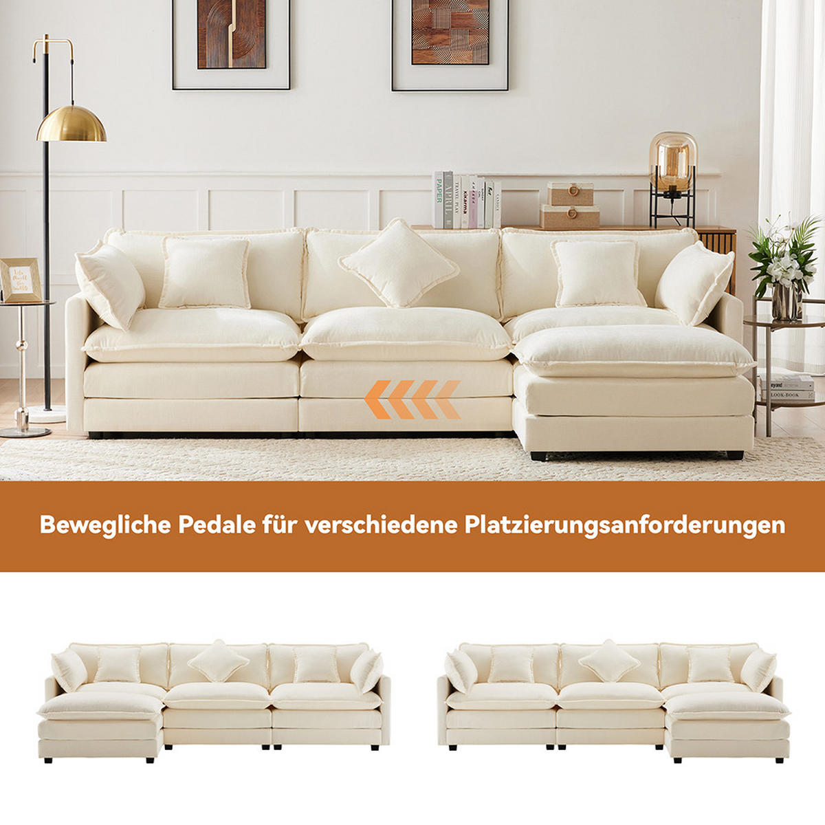 ECKSOFA in Beige Chenille-Stoff mit Fußstütze - Beige, Kunststoff/Textil (147/283cm) - KOMHTOM