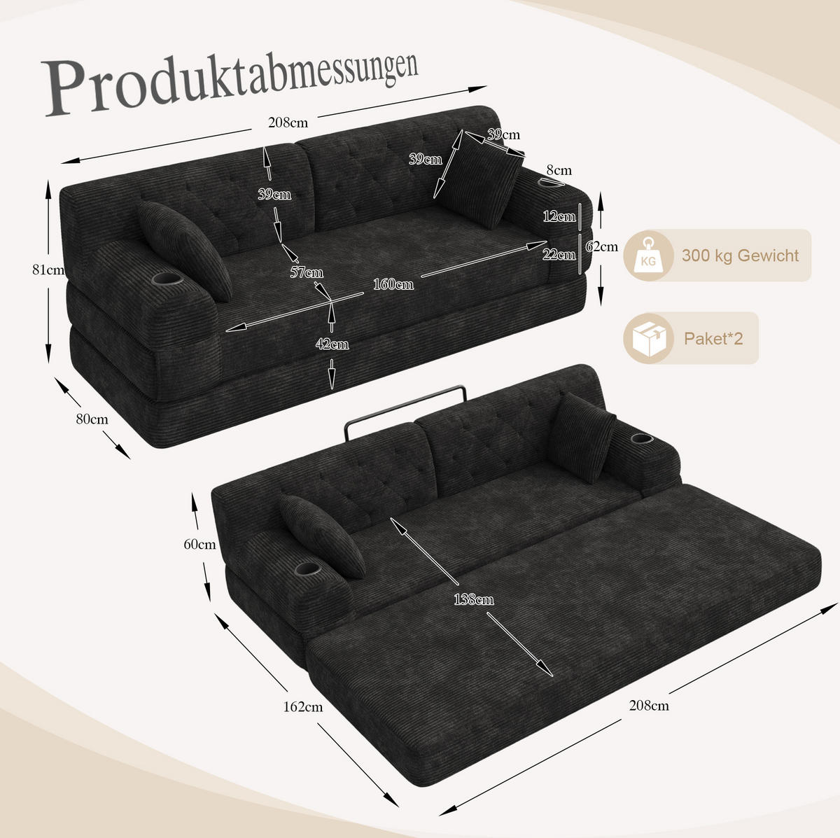 SCHLAFSOFA mit Schlaffunktion 208 x 80 cm Cord Schwarz - Schwarz, Textil (208/81/80cm) - IVMEU