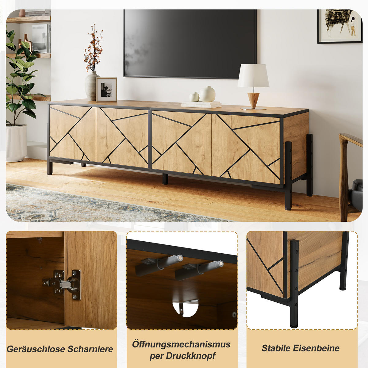 TV-LOWBOARD 153x40x50 cm Holz Schwarz 4 Türen Geometrisches Design - Naturfarben, Holzwerkstoff (40/50/153cm) - FLIEKS