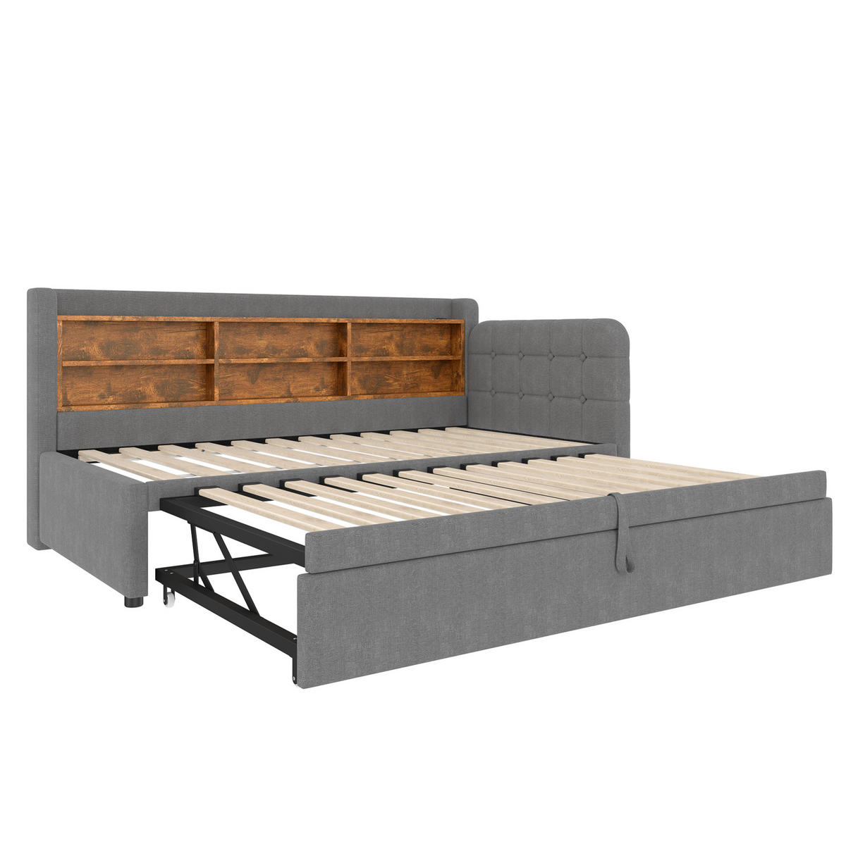 POLSTERBETT 90/200 cm Grau aus Leinen mit Ausziehbett und USB - Grau, Textil (90/200cm) - OKMYHOME