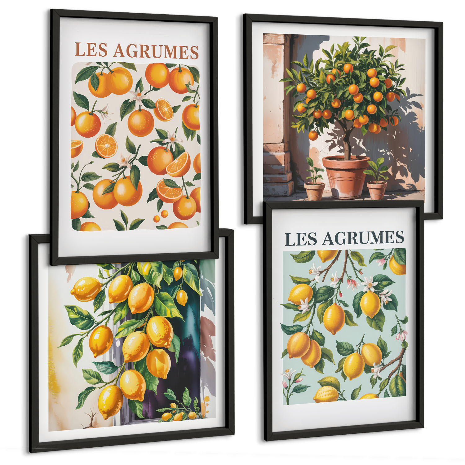 BILDER SET 4er Set - 50x50 cm & 40x60 cm Schwarzer Rahmen - Fruchtige Zitrusmuster - Schwarz, Kunststoff (50/50cm) - TULUP