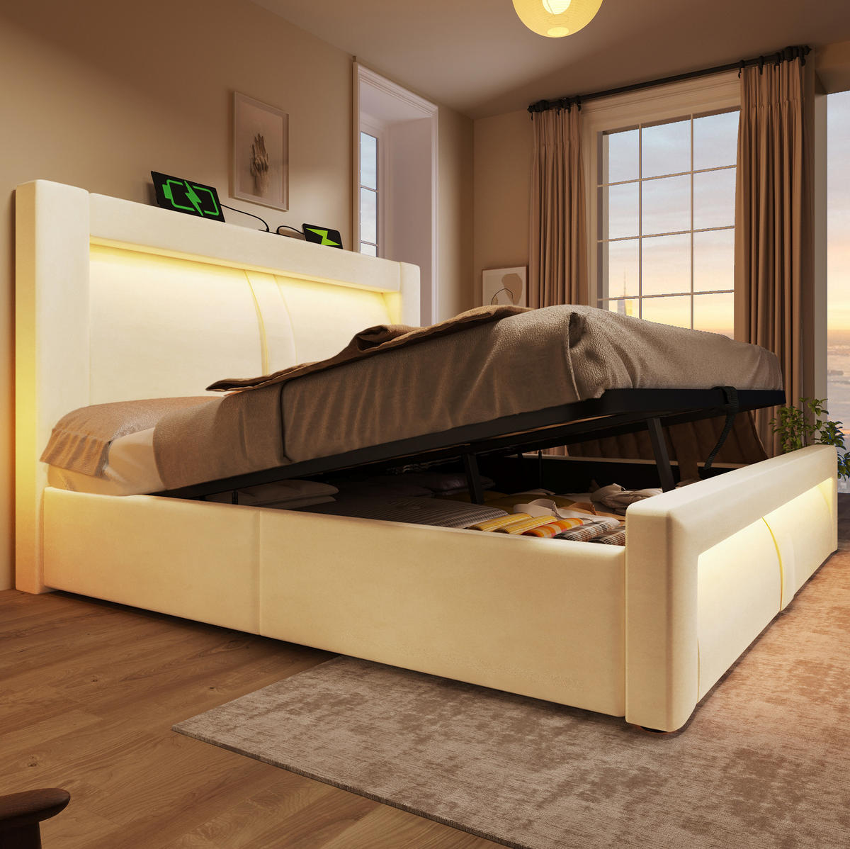 ČALOUNĚNÁ postel ze sametu 180x200 cm béžová s LED, USB a Type-C, hydraulickým úložným prostorem - béžová, textil (180/200cm) - Modfu