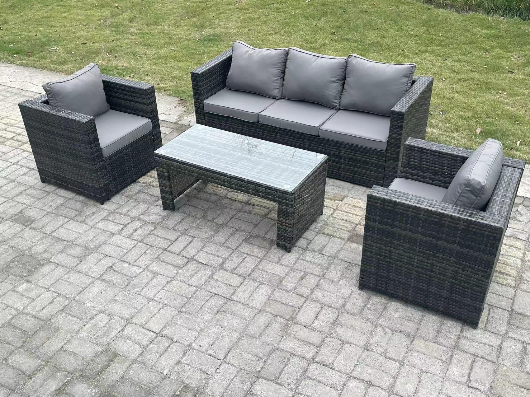 GARTENMÖBELSET mit Couchtisch Polyrattan 5-Sitzer - Dunkelgrau/Grau, Glas/Kunststoff - Fimous