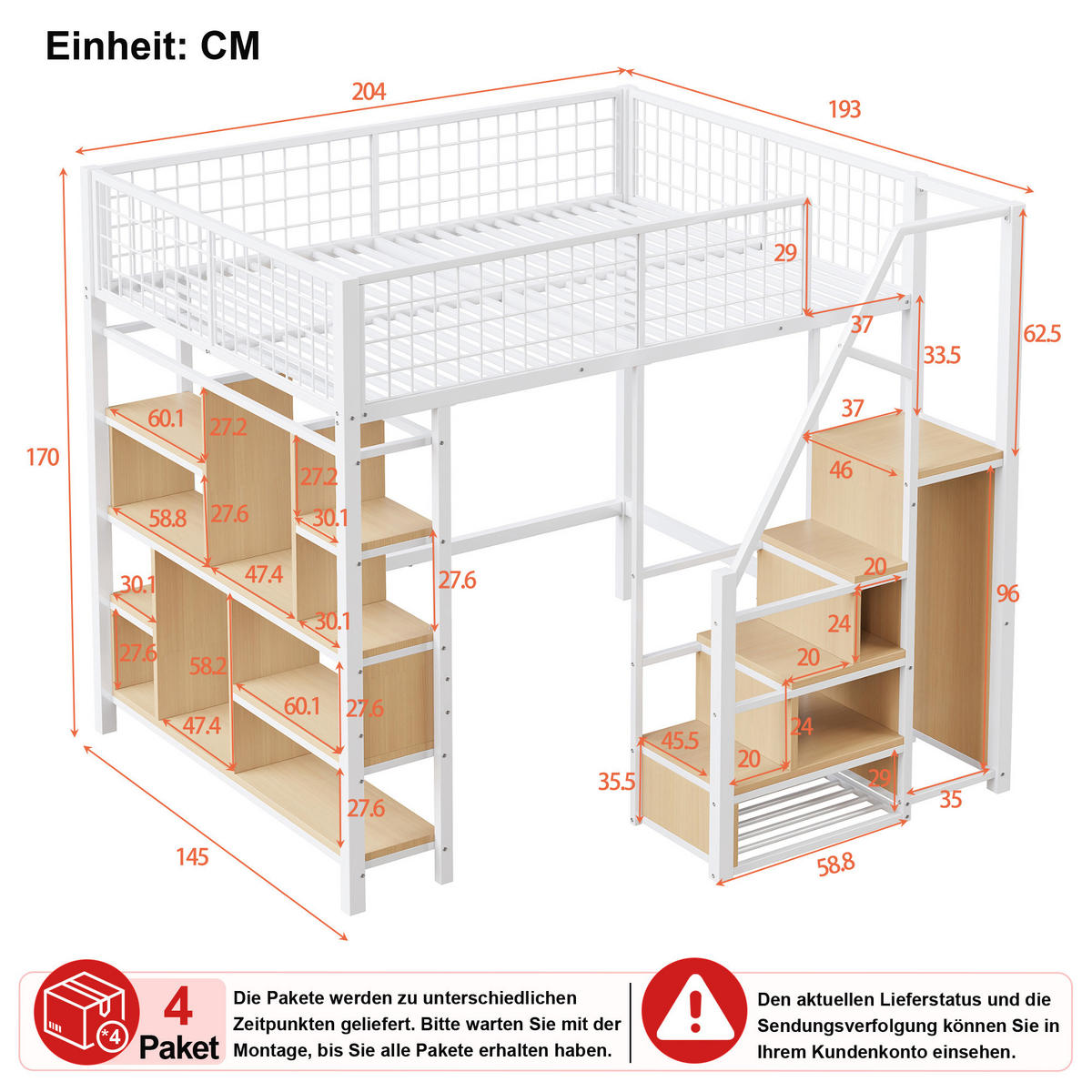 HOCHBETT 140/200 cm in Weiß mit Stauraumtreppe und Regalfächern - Weiß, Holzwerkstoff/Metall (140/200cm) - CHICFURN