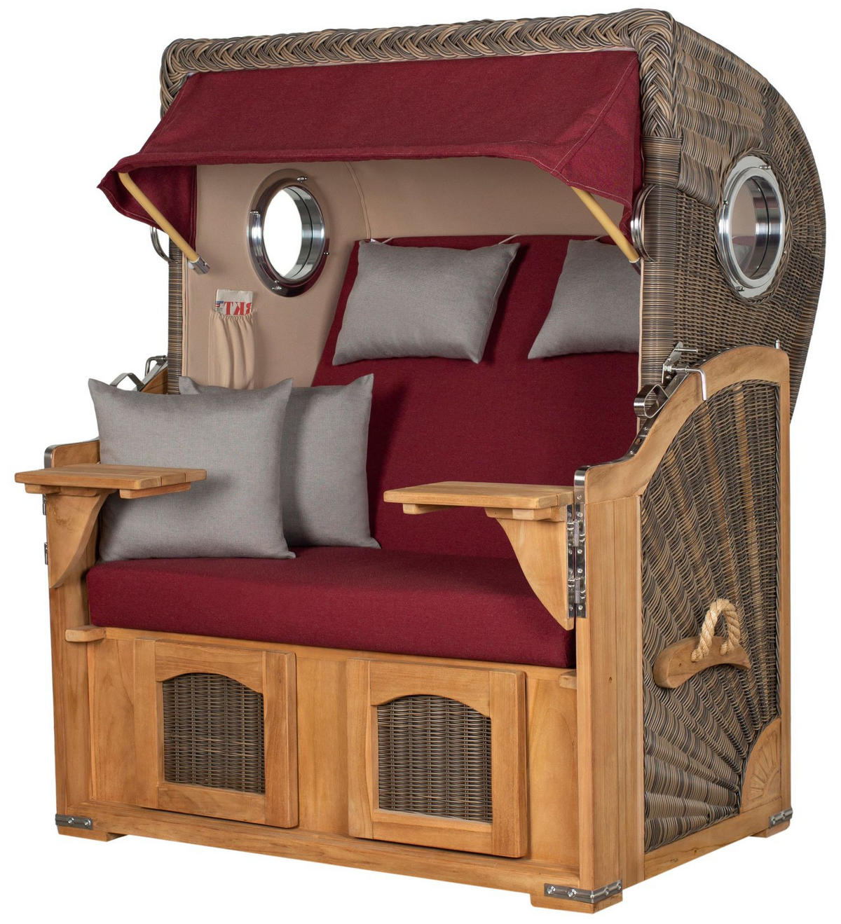 STRANDKORB Komplettset: Ammersee Teak Bullauge - PE grau - Modell 594 - Rot/Grau, Holz/Kunststoff (125/165/80cm) - bene living