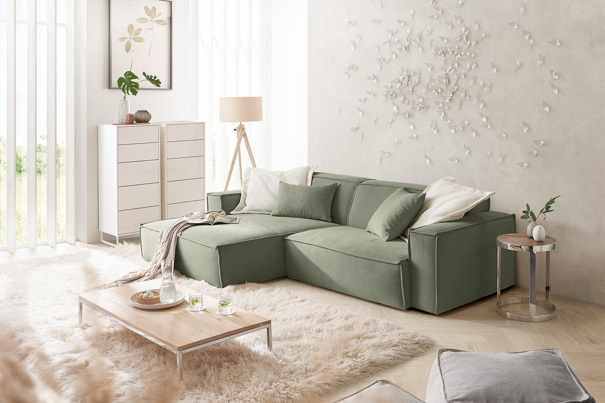 ECKSOFA SAMU Hellgrün Cord - Schwarz/Hellgrün, Textil (276/168cm) - KAWOLA