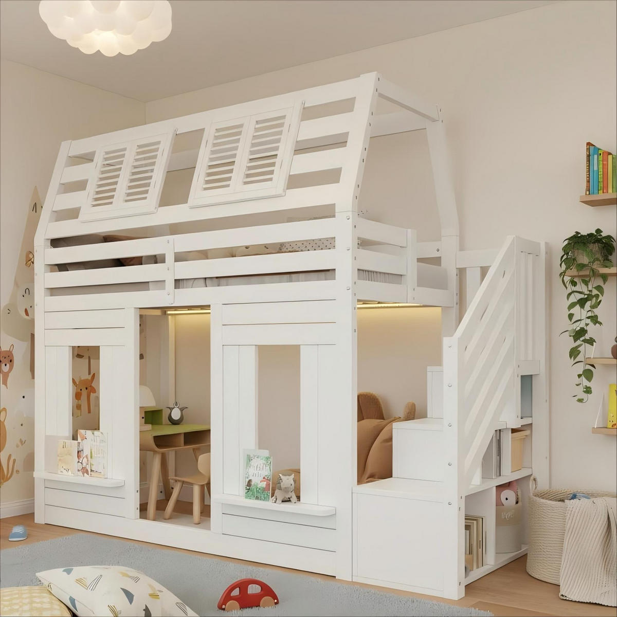 ETAGENBETT 90/200 cm in Weiß mit LED, Stauraumtreppe und Fenster - Weiß, Holz/Holzwerkstoff (90/200cm) - WISHDOR