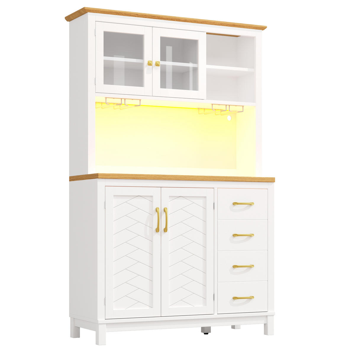 BUFFETSCHRANK landhausstil weiß 180 cm hoch mit app-led & gläserhalter - Weiß, Holzwerkstoff (105.5/180/40cm) - Urban Meuble