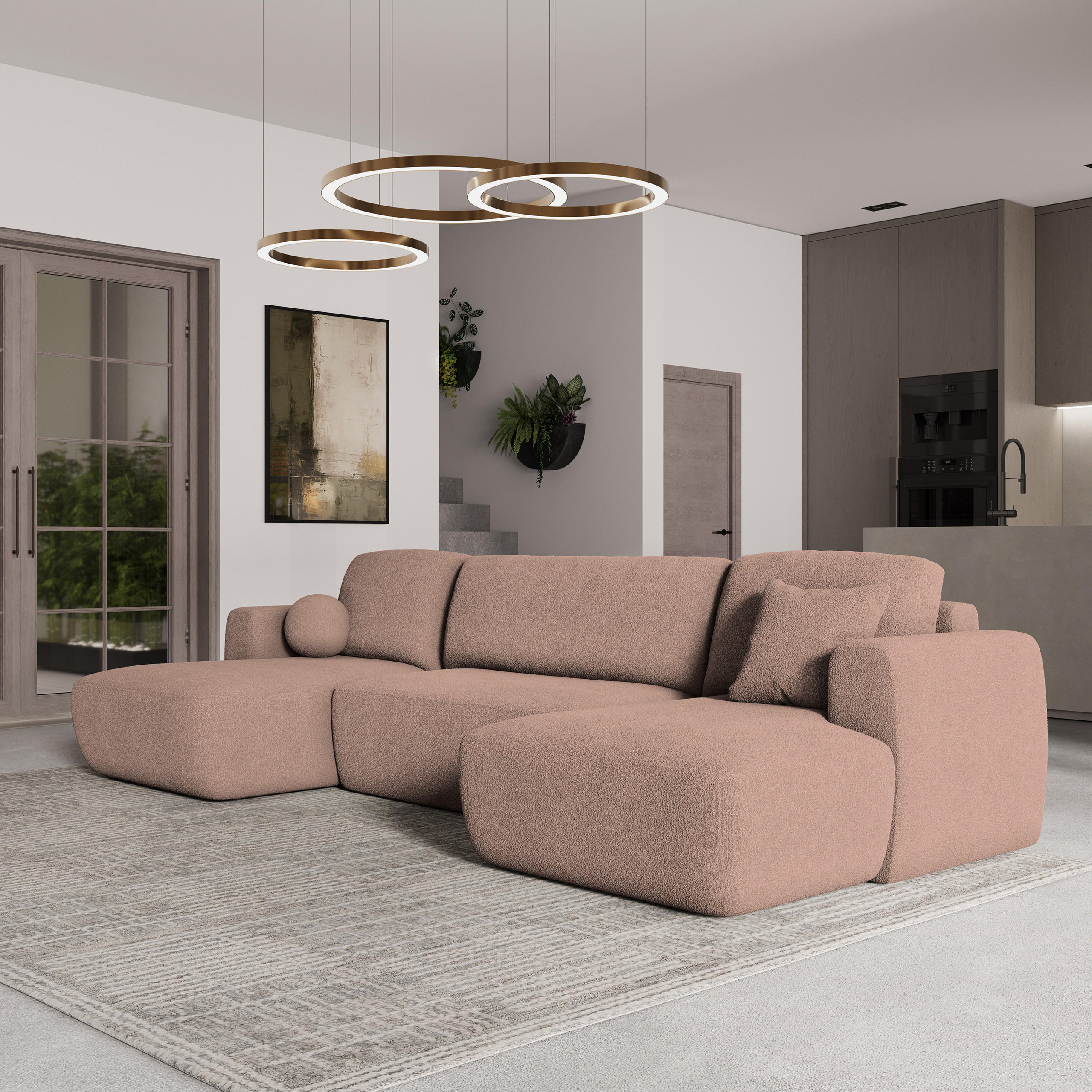 WOHNLANDSCHAFT SENTUM N Rosa Boucle-Stoff mit Schlaffunktion - Rosa, Holz (330/90/148cm) - MASSENO