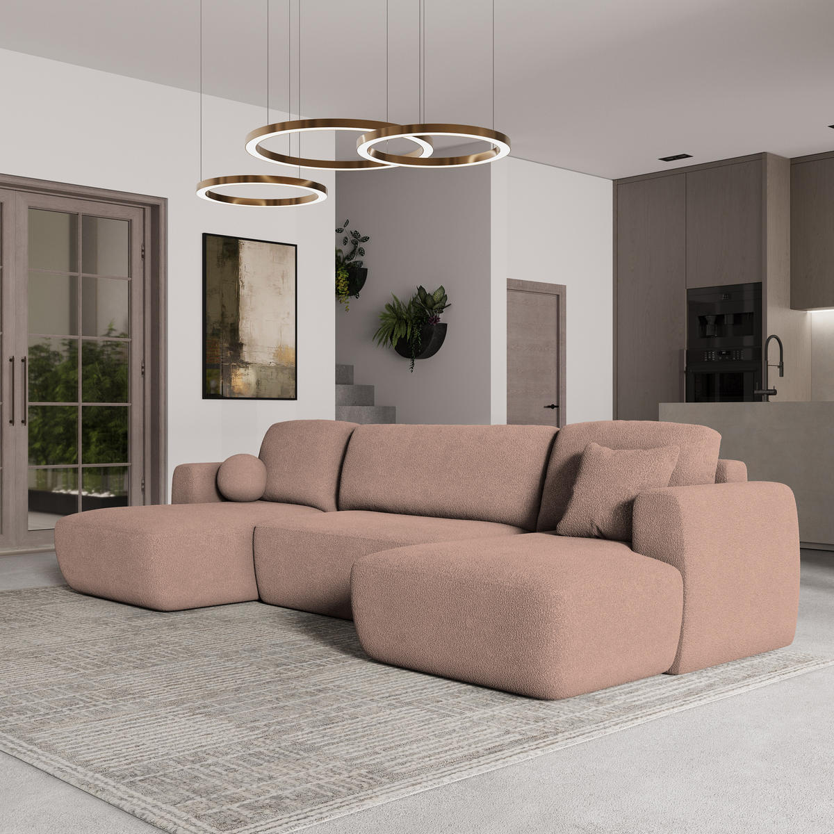WOHNLANDSCHAFT SENTUM N Rosa Boucle-Stoff mit Schlaffunktion - Rosa, Holz (330/90/148cm) - MASSENO