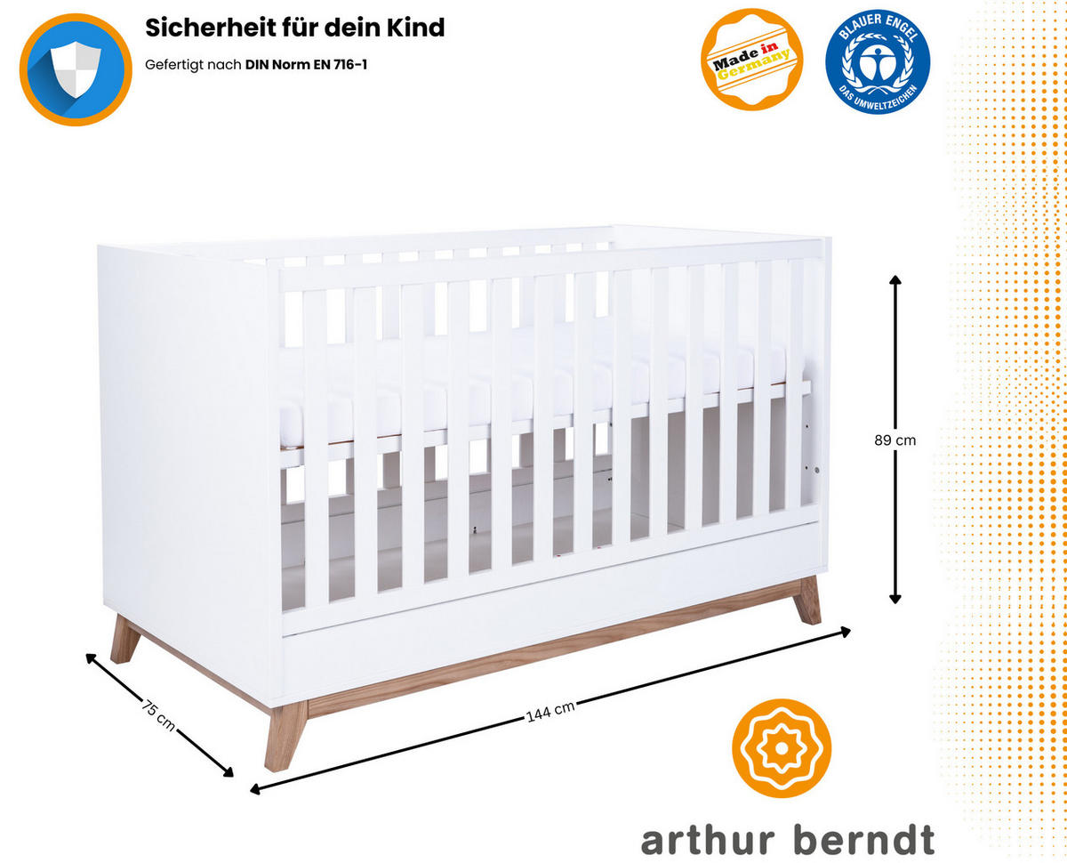 BABYBETT Lina 4x höhenverstellbar Weiß/Waluss - Walnussfarben/Weiß, Holz/Holzwerkstoff (70/140cm) - arthur berndt