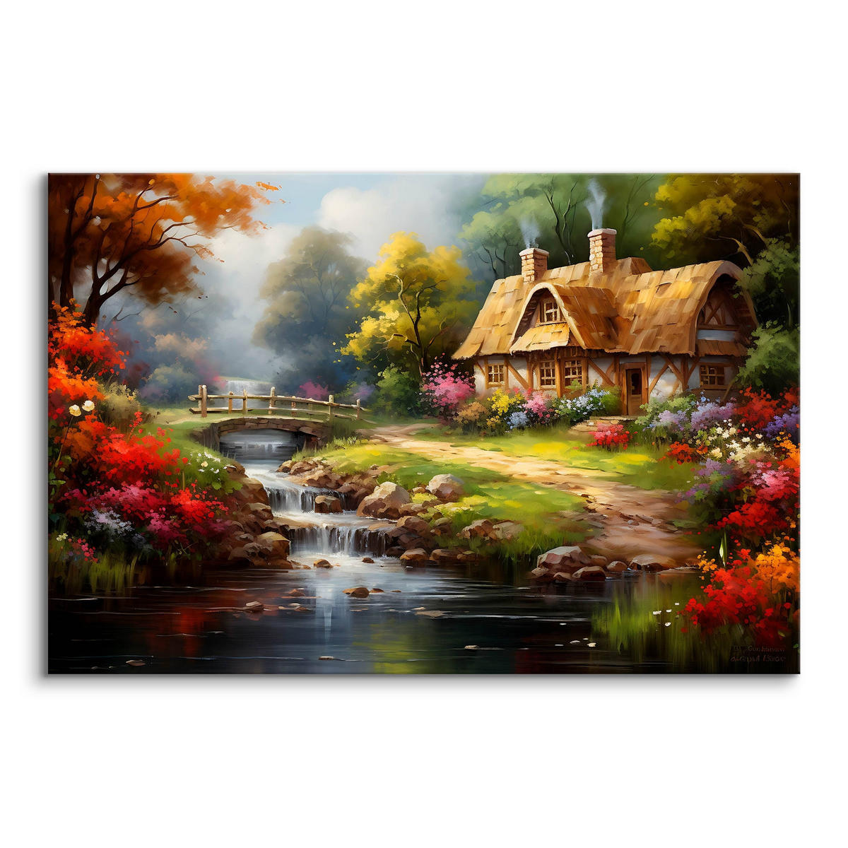 LEINWANDBILD ländlichem Häuschen Wald Natur Landschaft 120cm x 80cm - Beige/Rot, Textil (120/80cm) - Muralo