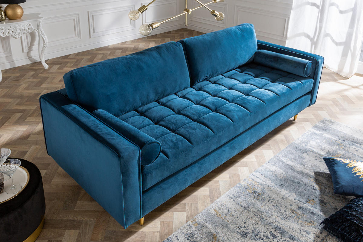 3-SITZER SOFA COZY VELVET Eukalyptus Samt Blau 220 cm - Blau/Goldfarben, Holz/Textil (220/90/85cm) - riess-ambiente