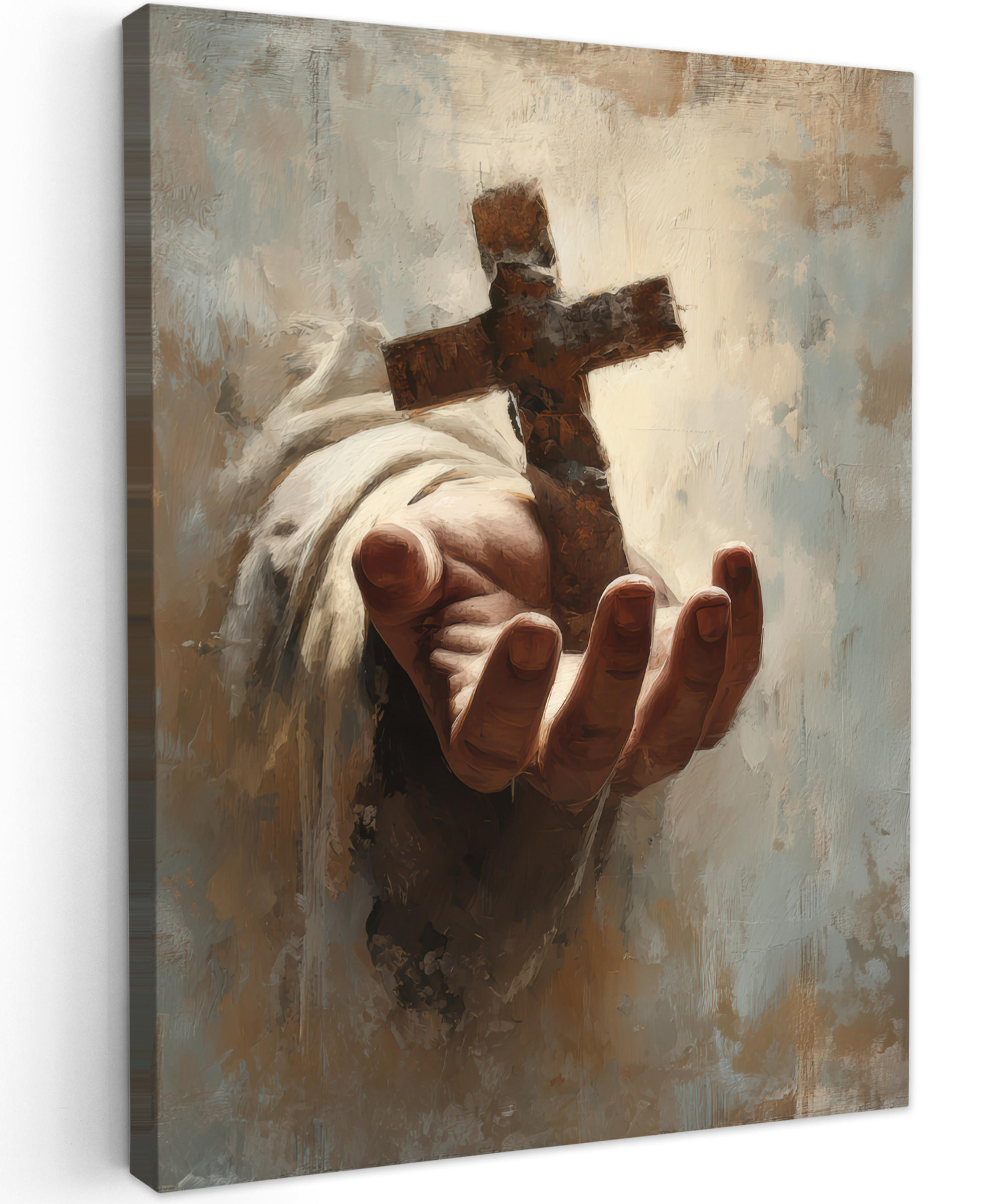 LEINWANDBILD Abstrakt - Kreuz - Hand - Christentum Wandbild Wohnzimmer 60x80 cm - Hellbraun, Textil (60/80cm) - MuchoWow