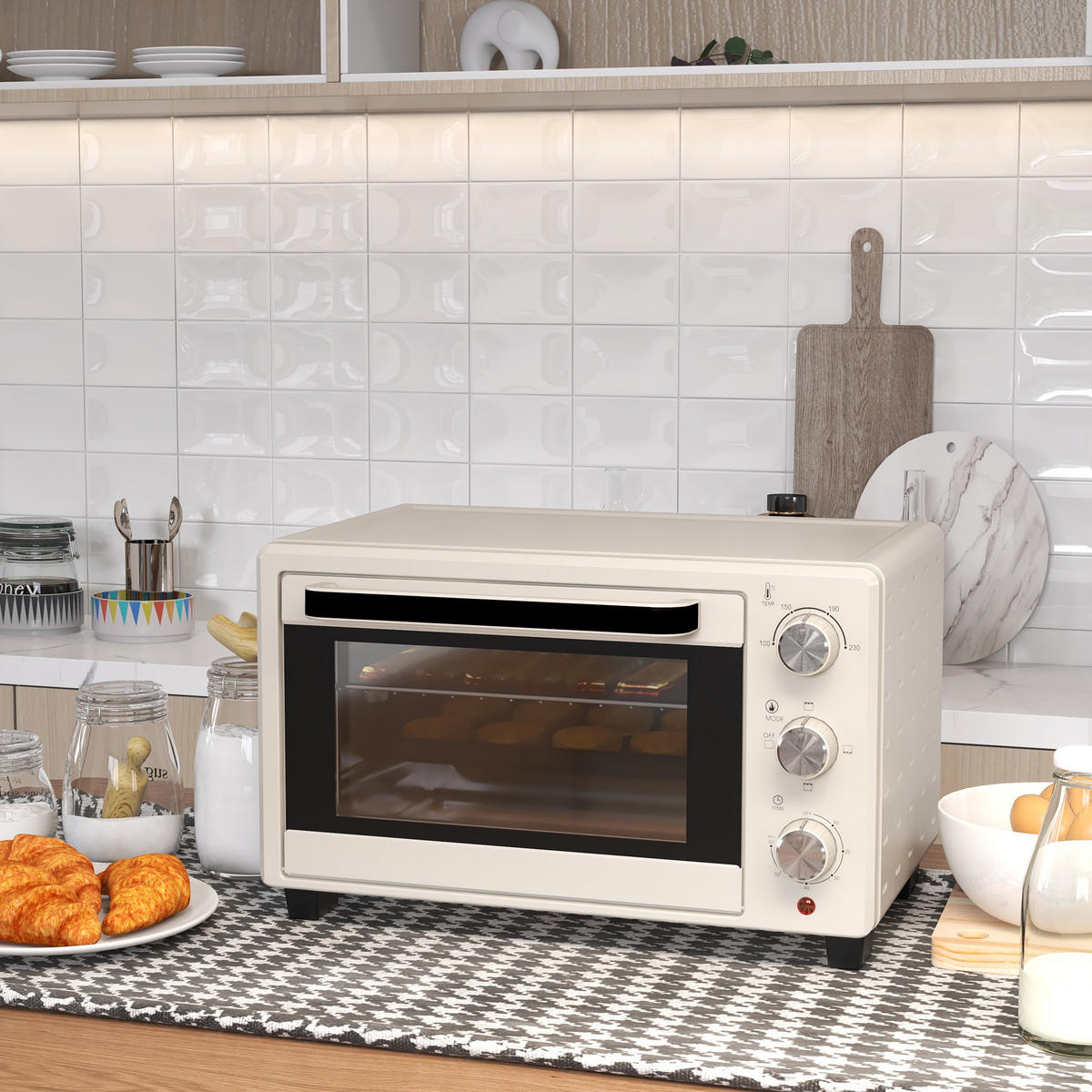 MINIBACKOFEN 21L mit Drehspieß, Edelstahl Mini Ofen mit Grillfunktion, Backblech & Grillrost, 3 Kochmodi, Cremeweiß - Beige, Metall (46/29/38.5cm) - Beaface