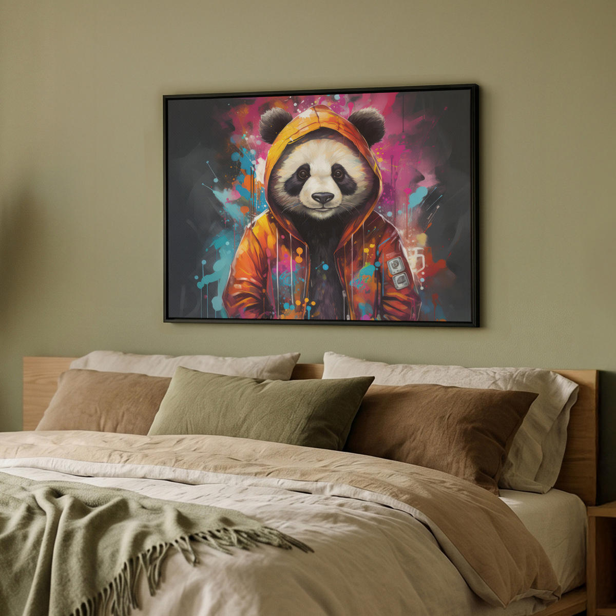 LEINWAND Bilder mit Rahmen - Panda - Jacke - Graffiti - Orange - 70x50 - Orange, Textil (70/50cm) - MuchoWow