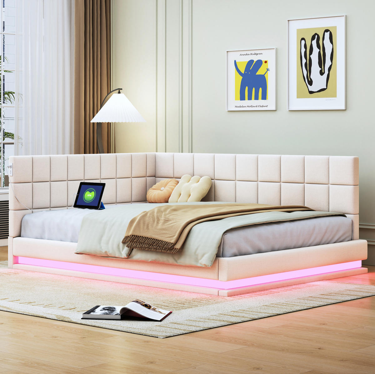 POLSTERBETT 140/200 cm Beige aus Leinen mit LED-Lichtleiste und USB-Steckdose - Beige, Leder (140/200cm) - OKMYHOME