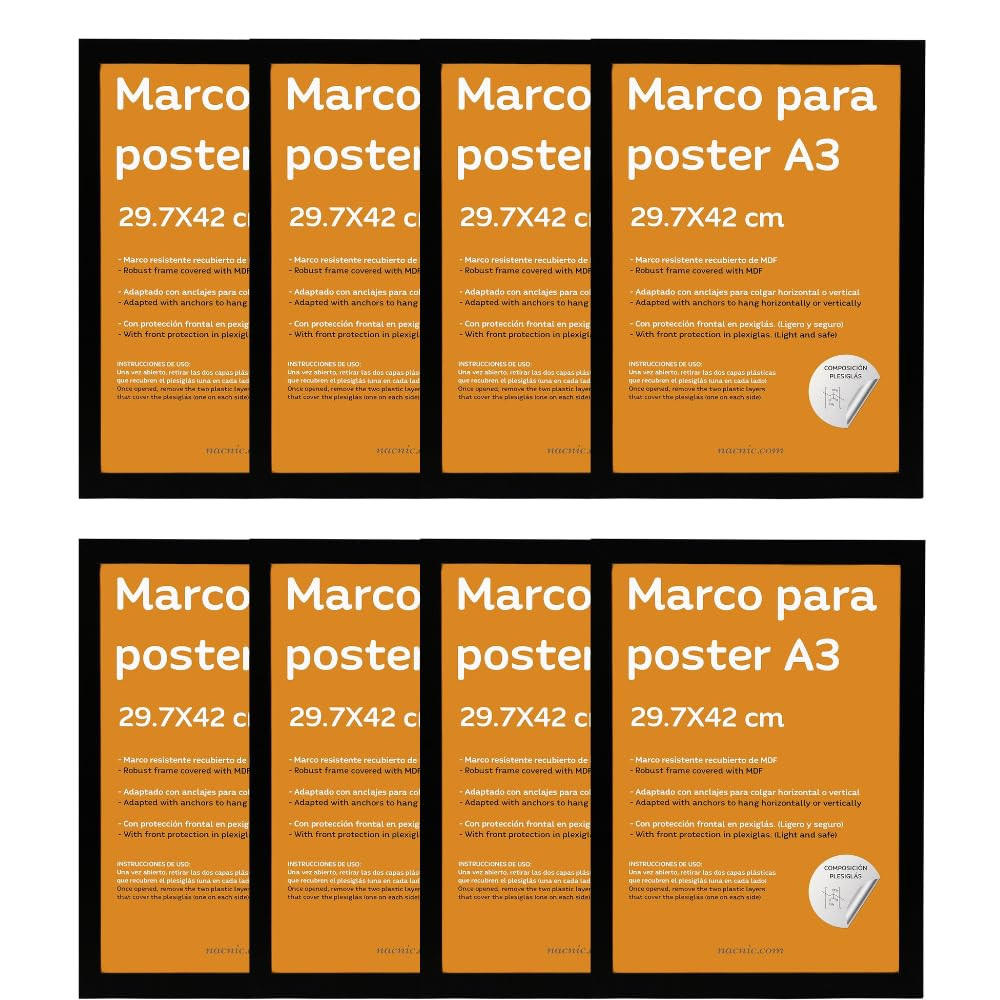RAHMEN Set mit 8 aus MDF und Acrylglas Schutz und Aussteller für Fotografien, Bilder, Poster, Gemälde, Dekoration für Haus Farbe Schwarz A3 - Schwarz, Holz (29.7/3/42cm) - Nacnic