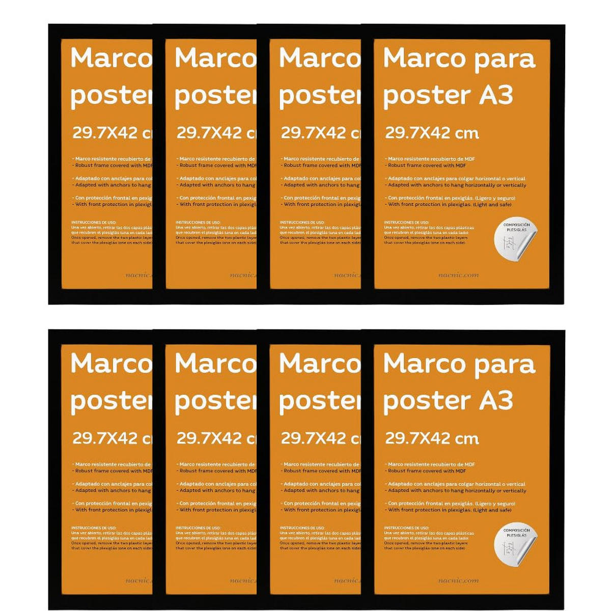 RAHMEN Set mit 8 aus MDF und Acrylglas Schutz und Aussteller für Fotografien, Bilder, Poster, Gemälde, Dekoration für Haus Farbe Schwarz A3 - Schwarz, Holz (29.7/3/42cm) - Nacnic