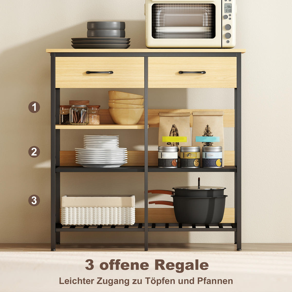 KOMMODE mit 2 Schubladen 3 offenen Regalen Naturholz - Schwarz/Naturfarben, Holzwerkstoff/Metall (40/91/90cm) - HOMCOM