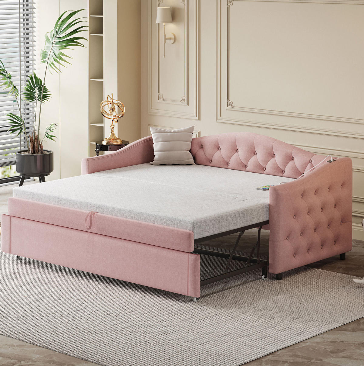 ČALÚNENÁ posteľ 90/200 cm s USB nabíjaním, rozkladacím spaním a lamelovým roštom, Ružová - pink, textil (90/200cm) - Redom