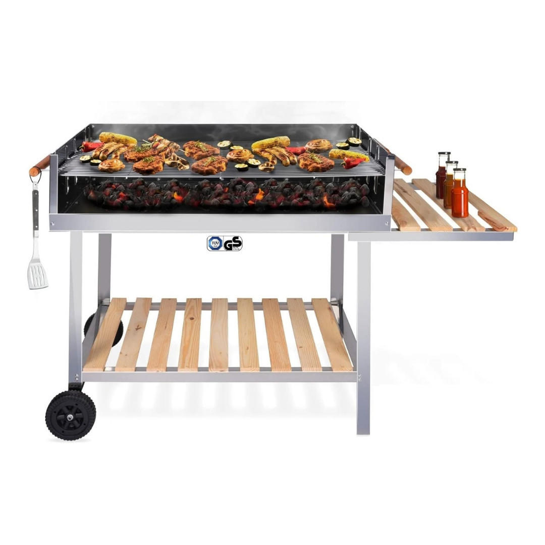 GRILLWAGEN Edelstahl 145 cm Holzkohlegrill mit Ablageflächen und Grillrost - Silberfarben/Schwarz, Holz/Metall (60/90/145cm) - Resch
