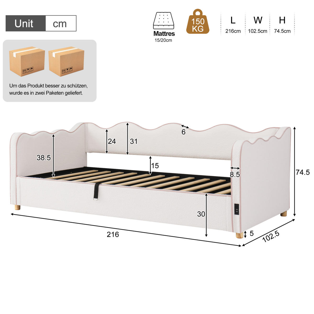 SCHLAFSOFA 90×200 Cm, USB-Anschlüssen & Type-C，Polster-Tagesbett，Bouclé, Beige - Beige, Holz (216/74.5/102.5cm) - FLIEKS