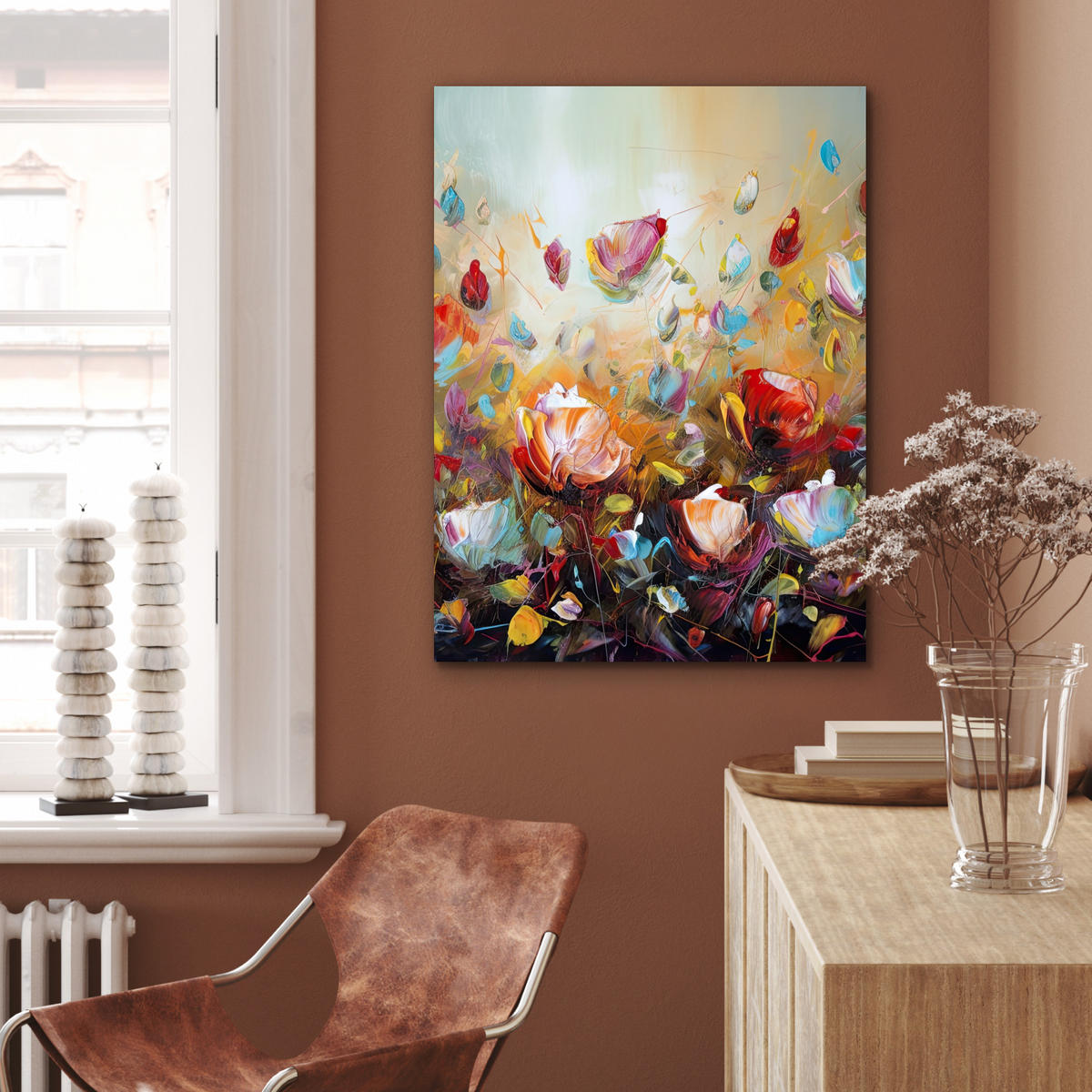 KOVOVÝ OBRAZ Kvety - Umenie - Príroda - Olejomaľba 60x80 cm - viacfarebná, kov (60/80cm) - MuchoWow