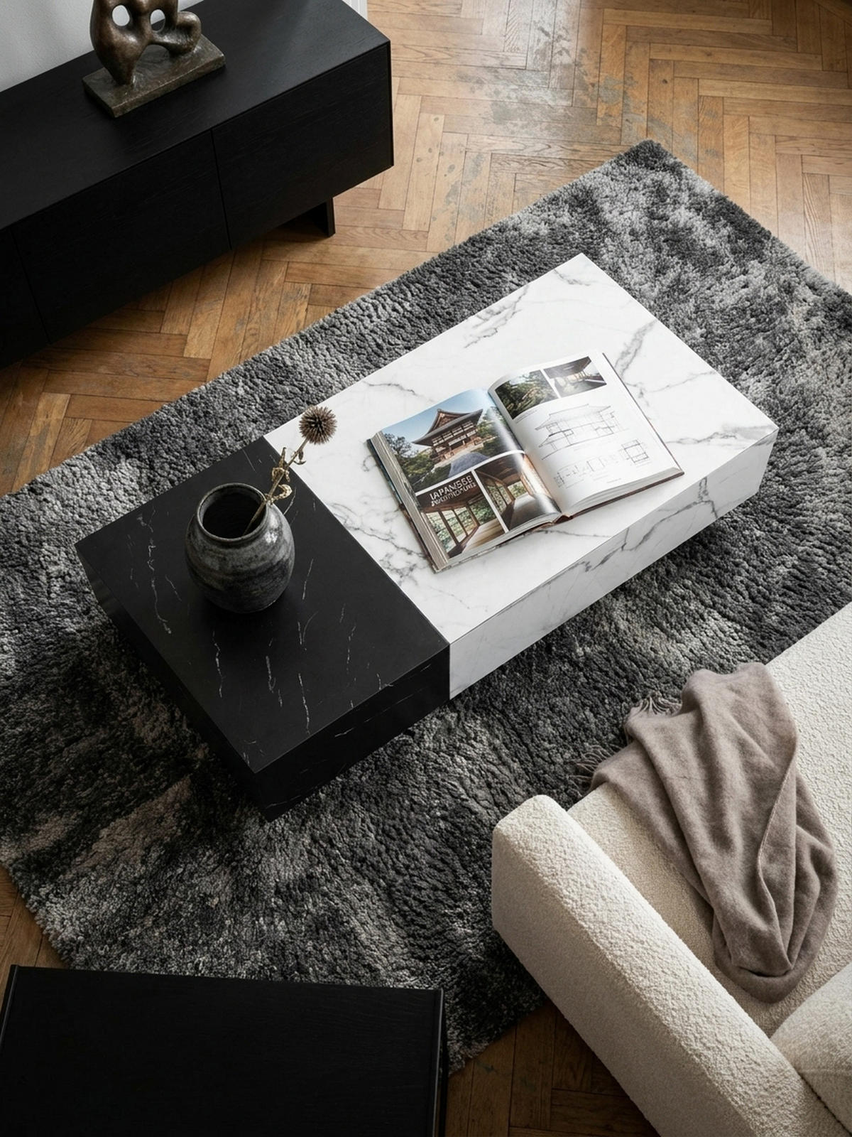 COUCHTISCH Weiß Schwarz Marmor-Optik 120x60x28 cm mit Schubladen und Stauraum - Schwarz/Weiß, Holzwerkstoff (60/120/28cm) - KADIMA DESIGN