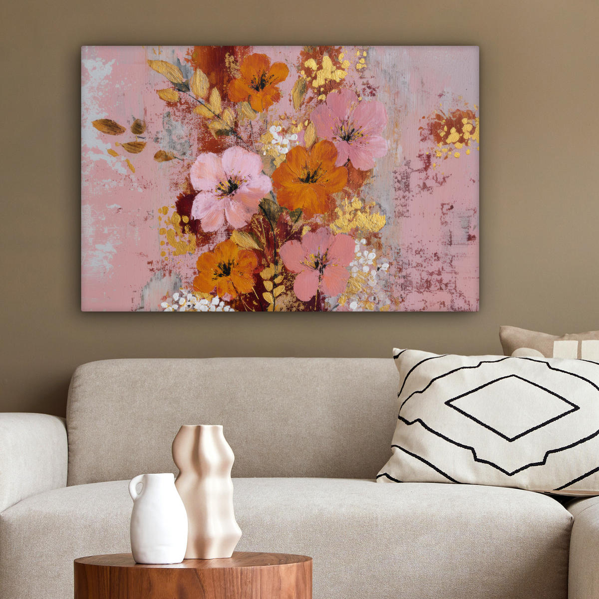 LEINWANDBILD Malerei - Blumen - Rustikal - Rosa Wanddeko 90x60 cm - Altrosa, Textil (90/60cm) - MuchoWow