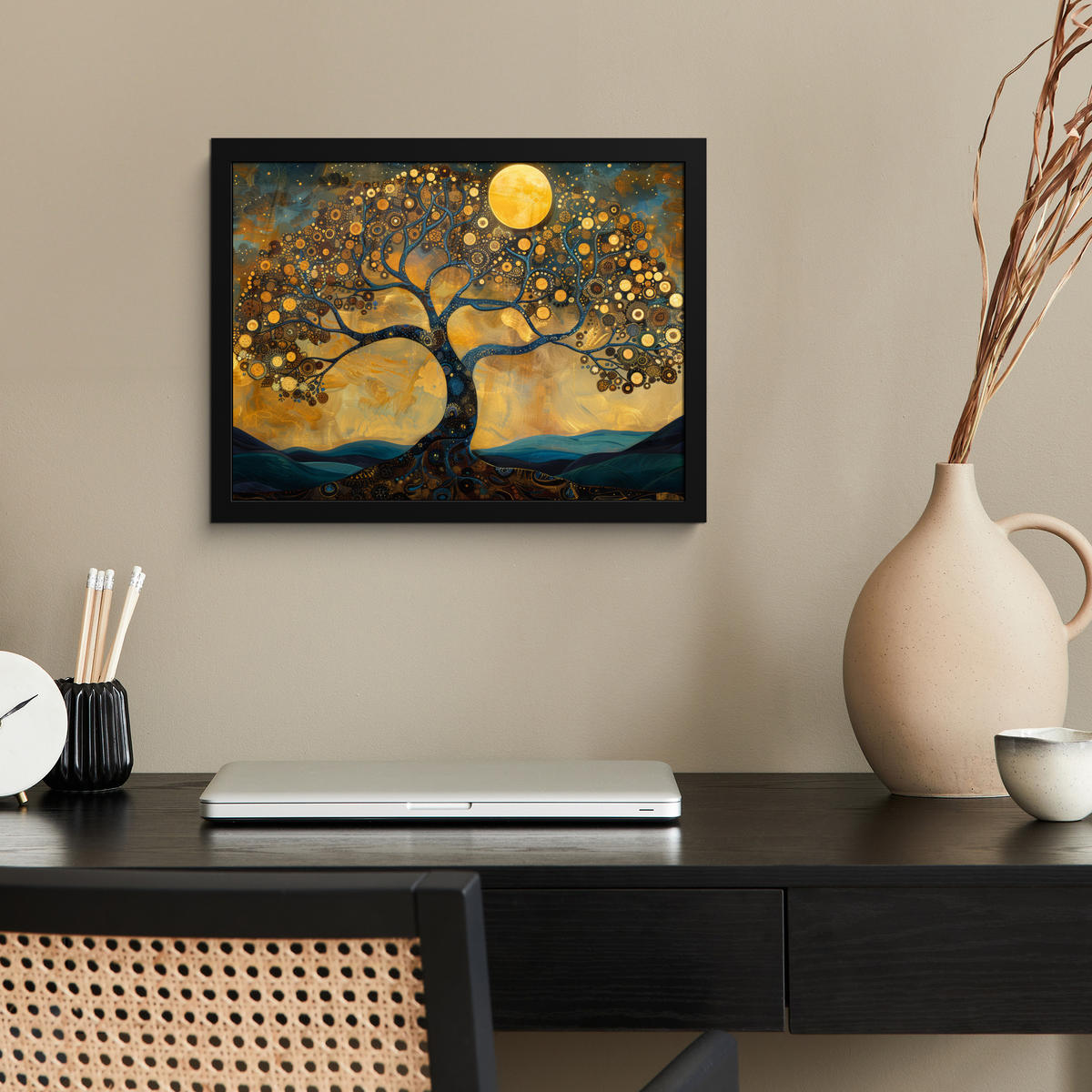 POSTER MIT RAHMENGERAHMTES BILD Baum - Mond - Blumen - Gold - Kunst 40x30 cm - Orange, Papier (40/30cm) - MuchoWow