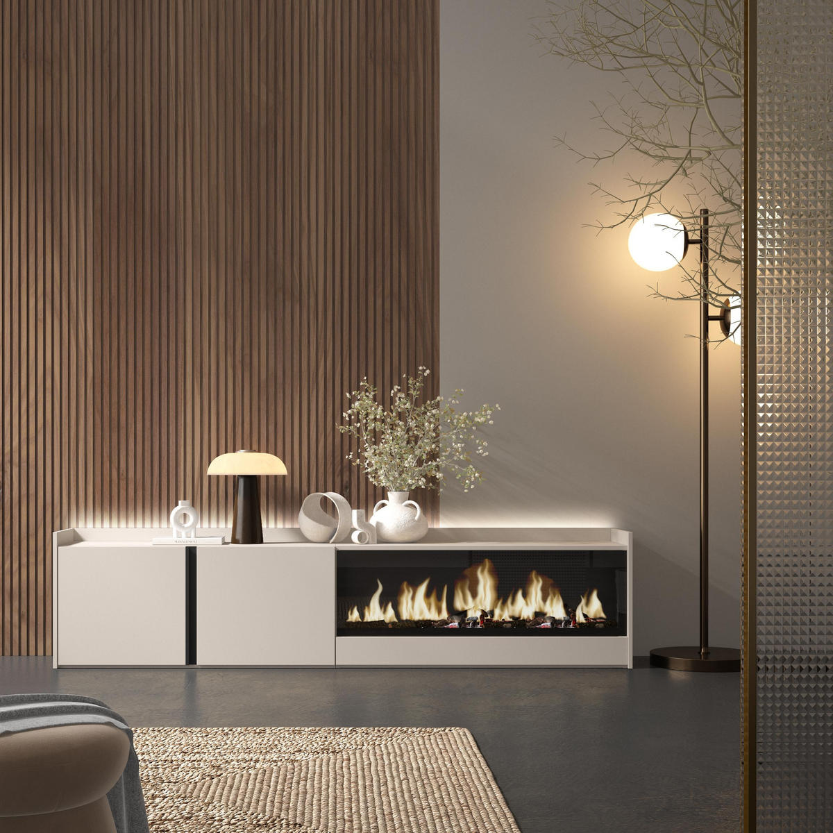 LOWBOARD, Beige, 212/35/50cm, Kamin mit Feuereffekt XXL - Beige, Holzwerkstoff (212/50/35cm) - Skraut Home